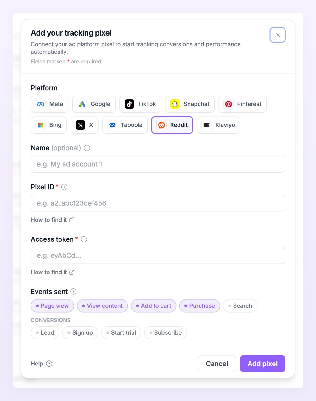 Add pixel dialog with Reddit selected, showing the Pixel ID and Access token fields