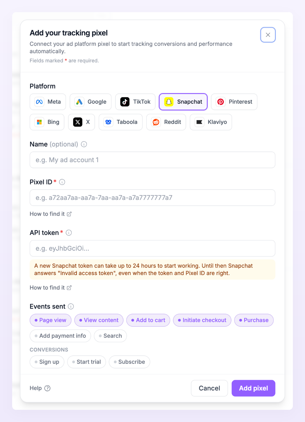 Add pixel dialog with Snapchat selected, showing the Pixel ID and API token fields and the 24 hour token notice