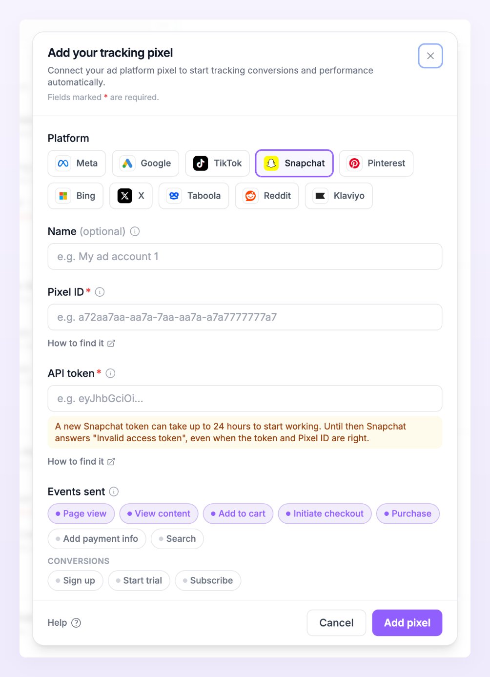Add pixel dialog with Snapchat selected, showing the Pixel ID and API token fields and the 24 hour token notice