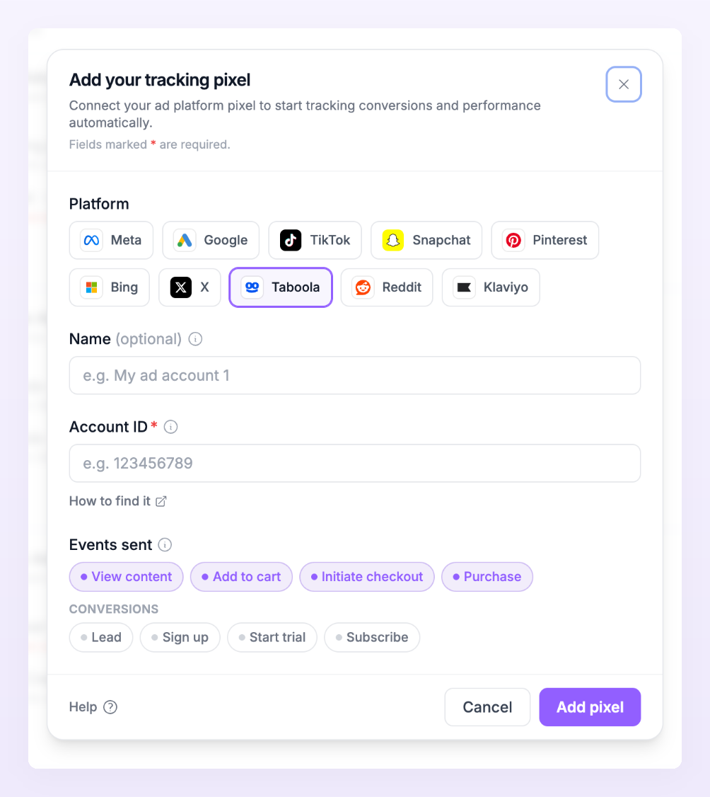 Add pixel dialog with Taboola selected, showing the Account ID field and the events Taboola accepts