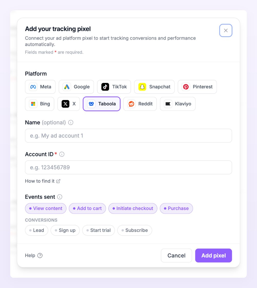 Add pixel dialog with Taboola selected, showing the Account ID field and the events Taboola accepts