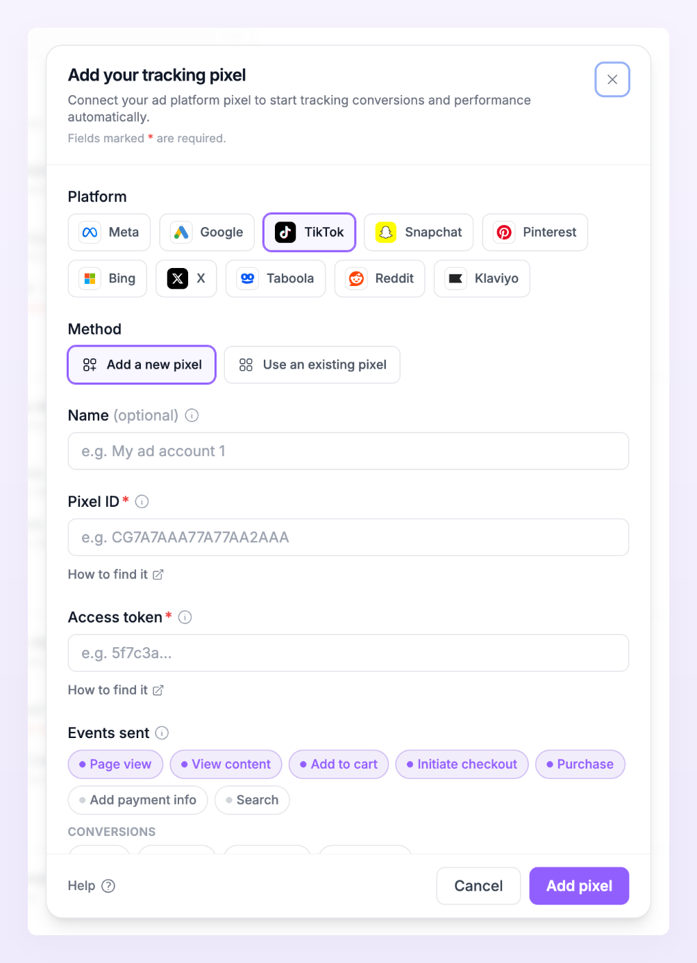 Add pixel dialog with TikTok selected, showing the Pixel ID and Access token fields