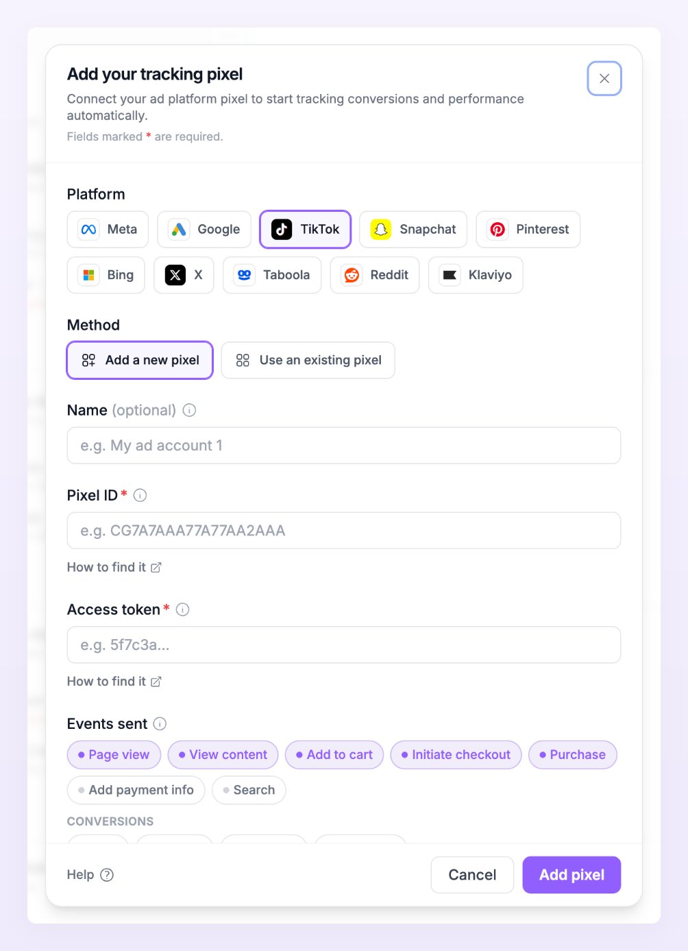 Add pixel dialog with TikTok selected, showing the Pixel ID and Access token fields