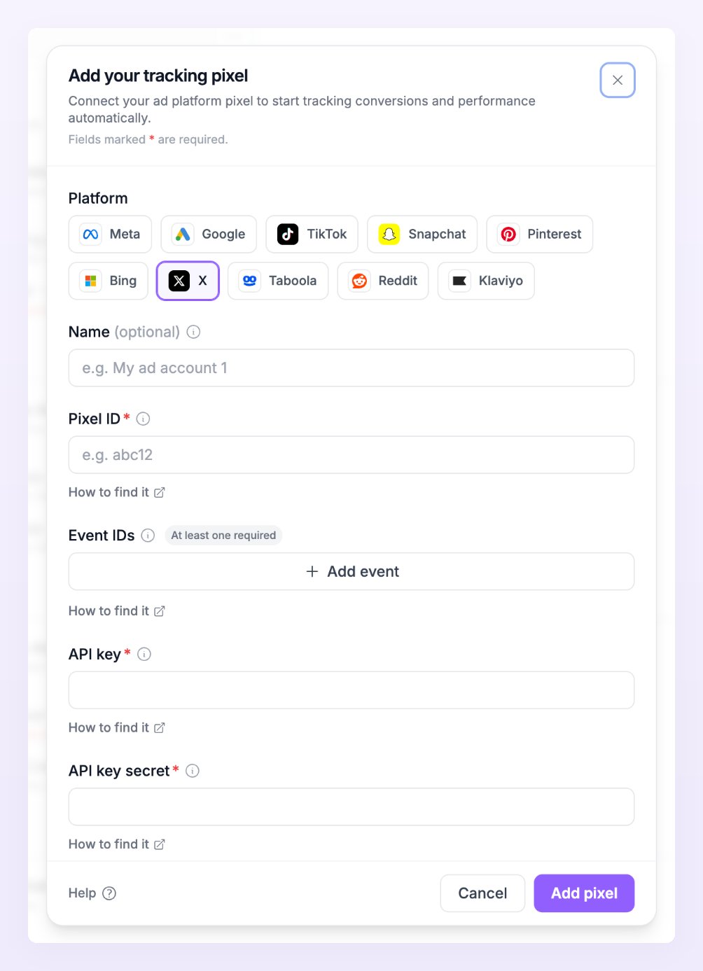 Add pixel dialog with X selected, showing the Pixel ID, Event IDs rows and the API key fields