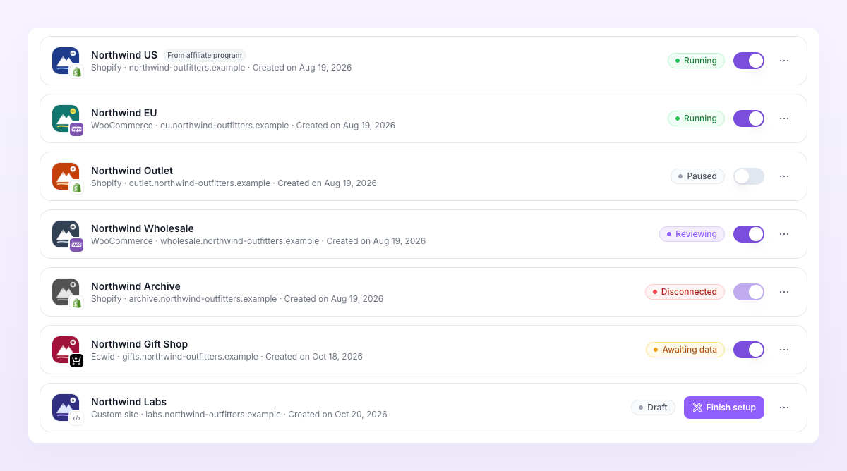 Store rows showing the Running, Paused, Reviewing, Disconnected, Awaiting data and Draft badges