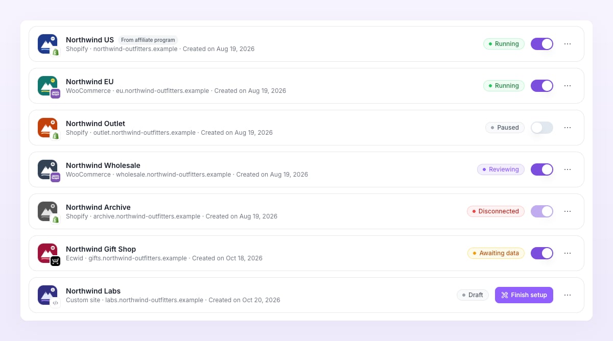 Store rows showing the Running, Paused, Reviewing, Disconnected, Awaiting data and Draft badges