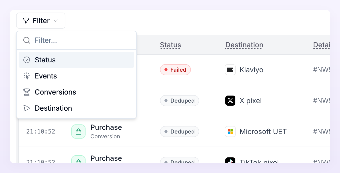 Filter menu of the live feed with Status, Events, Conversions and Destination
