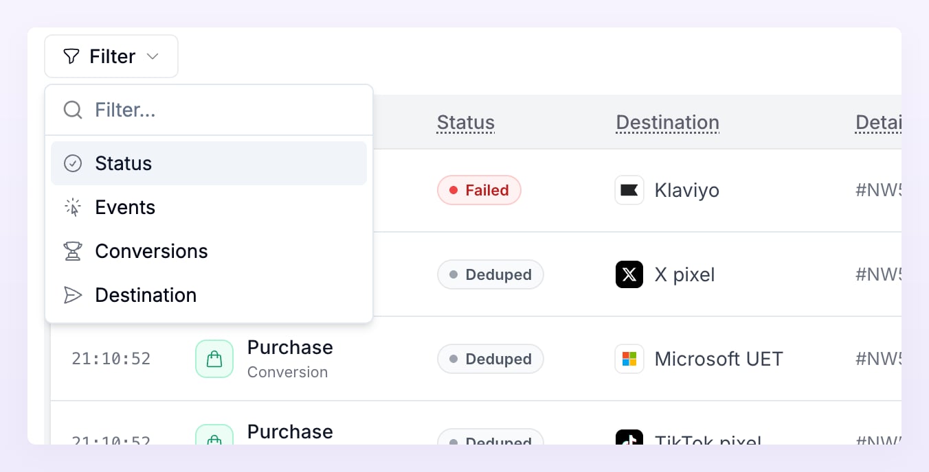 Filter menu of the live feed with Status, Events, Conversions and Destination