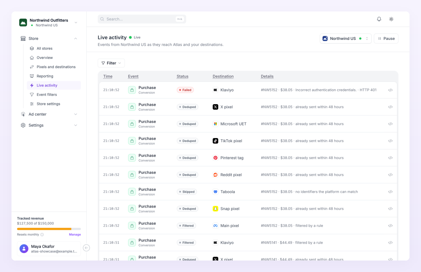 Live activity feed with incoming events and their deliveries