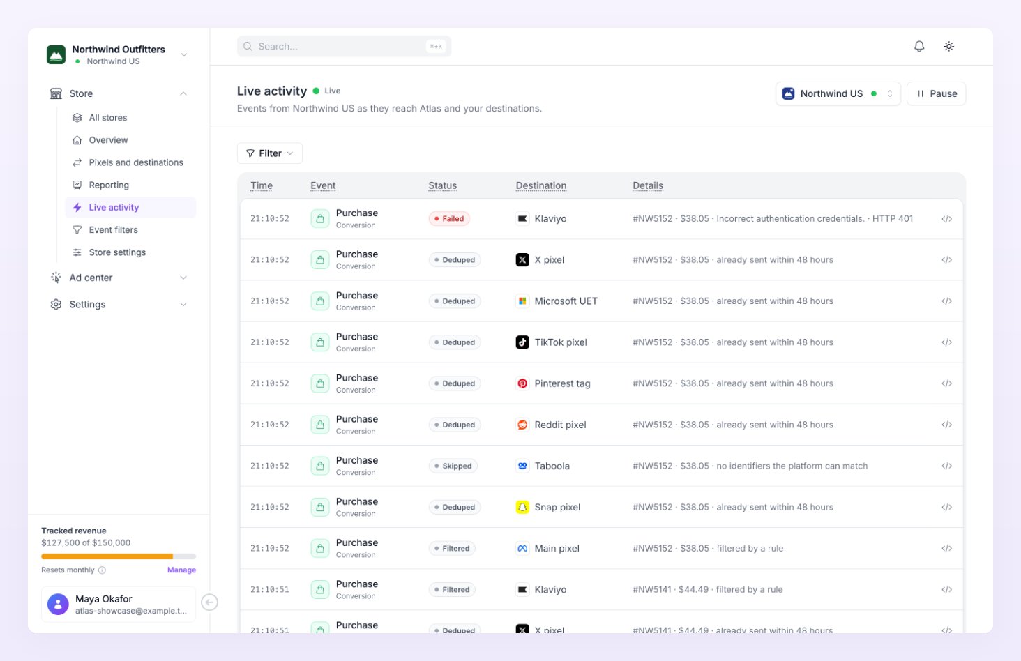 Live activity feed with incoming events and their deliveries