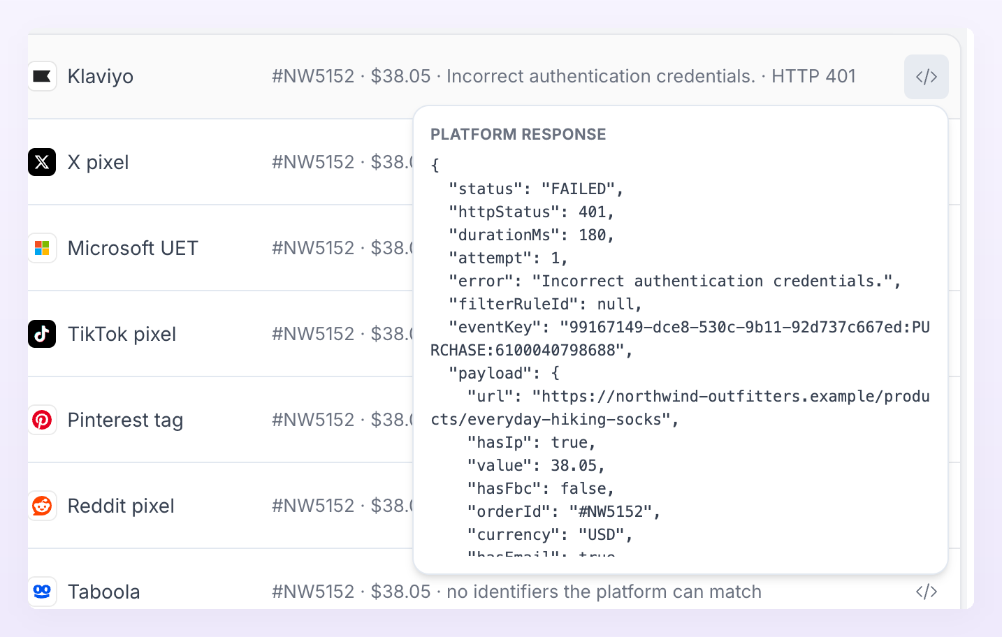 Platform response popover of a failed delivery showing the status, HTTP status, error message, event key and payload summary