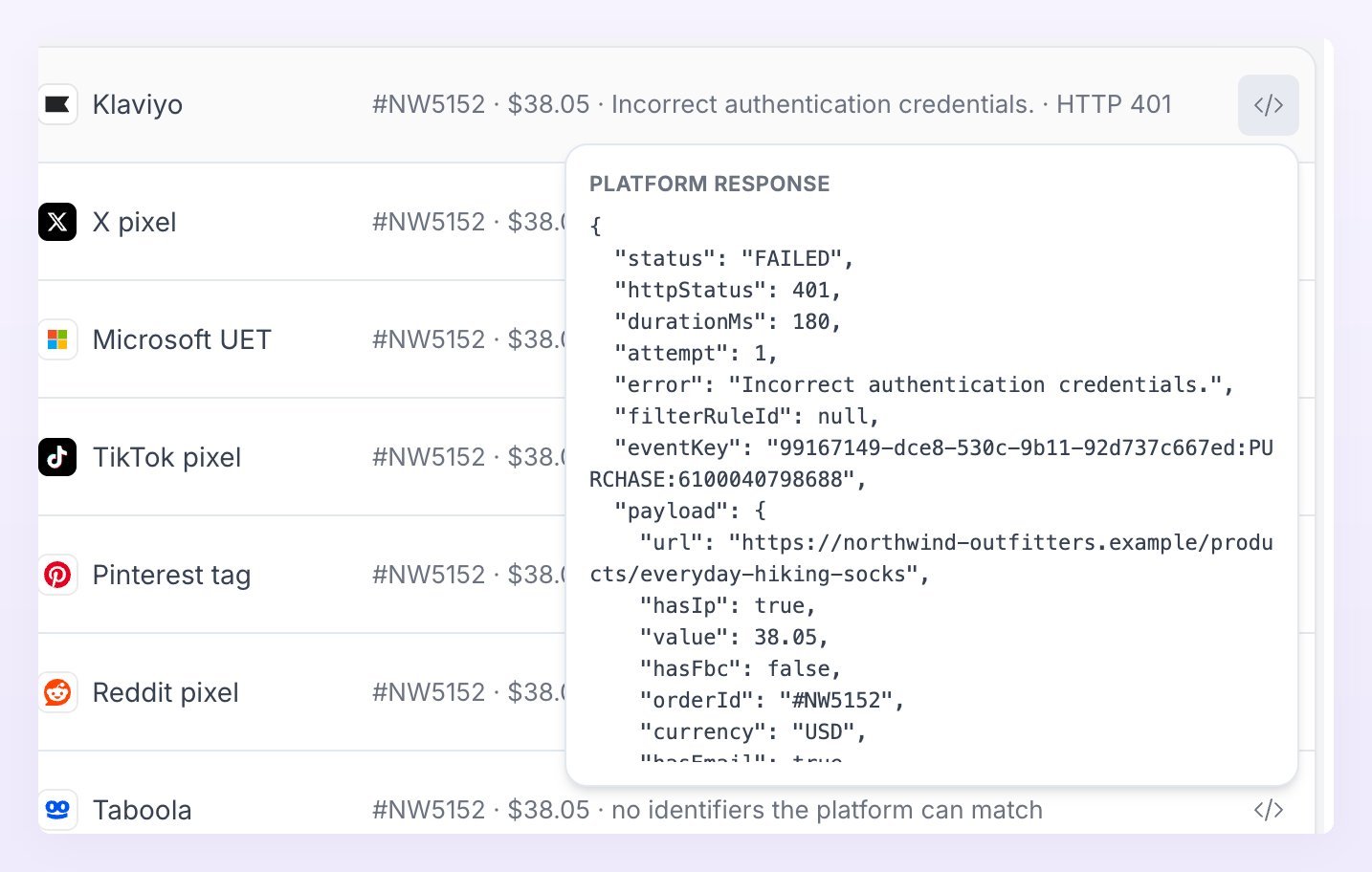 Platform response popover of a failed delivery showing the status, HTTP status, error message, event key and payload summary