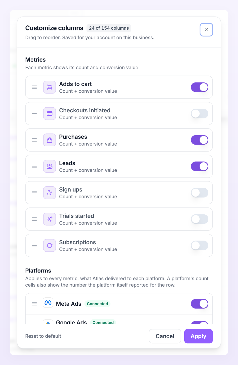 Customize columns dialog of the report with the seven metrics and the platform columns, each with an on or off switch