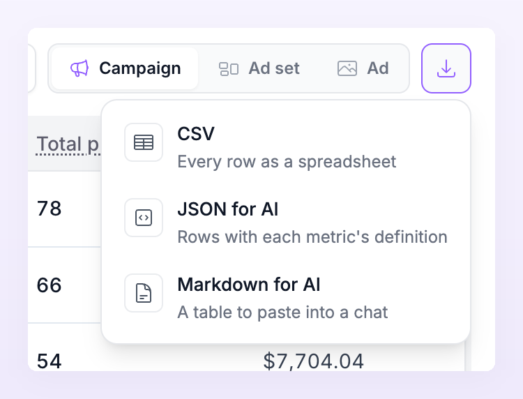 Export menu of the report with CSV, JSON for AI and Markdown for AI
