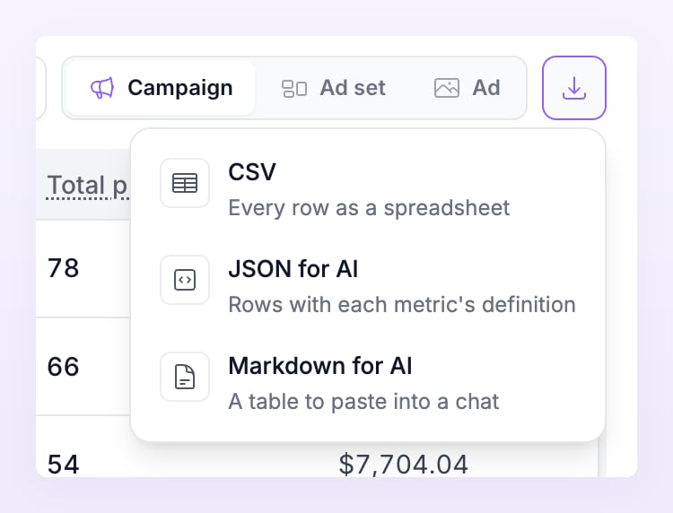 Export menu of the report with CSV, JSON for AI and Markdown for AI