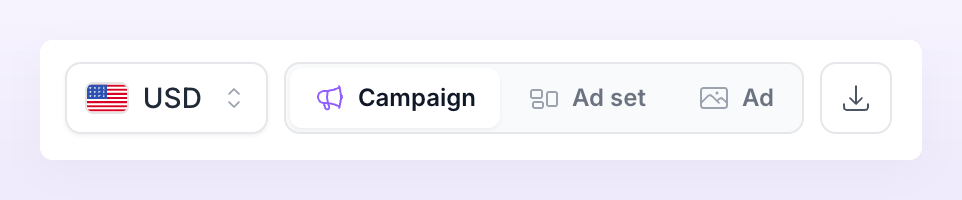 The currency selector, the Campaign, Ad set and Ad level tabs and the export button of the Reporting page