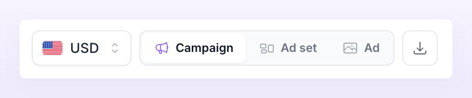 The currency selector, the Campaign, Ad set and Ad level tabs and the export button of the Reporting page
