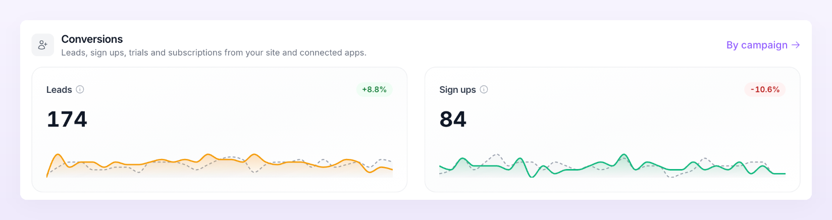 Conversions section with Leads and Sign ups tiles and the By campaign link