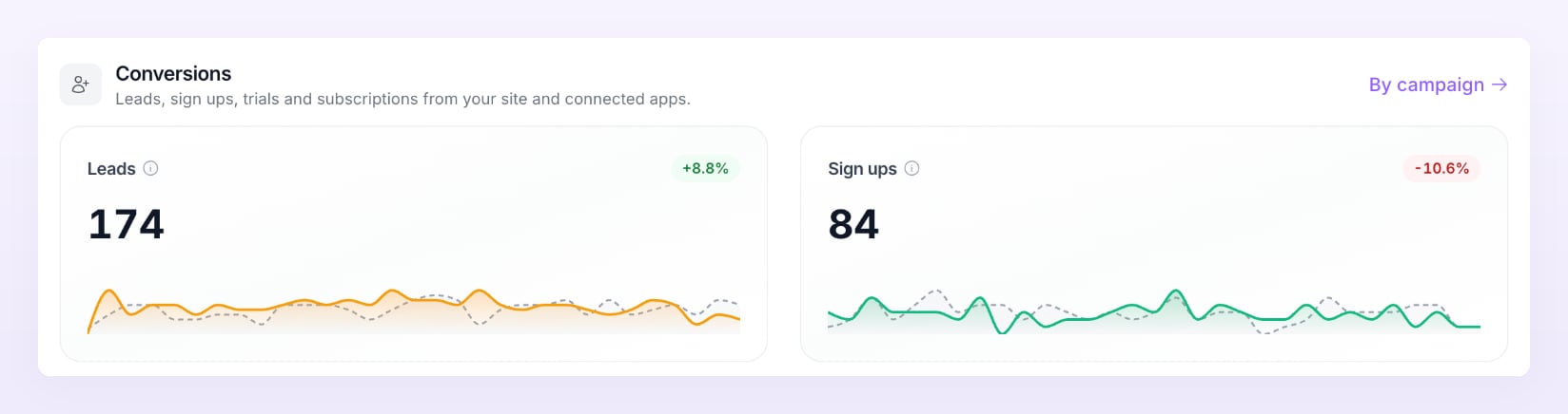Conversions section with Leads and Sign ups tiles and the By campaign link