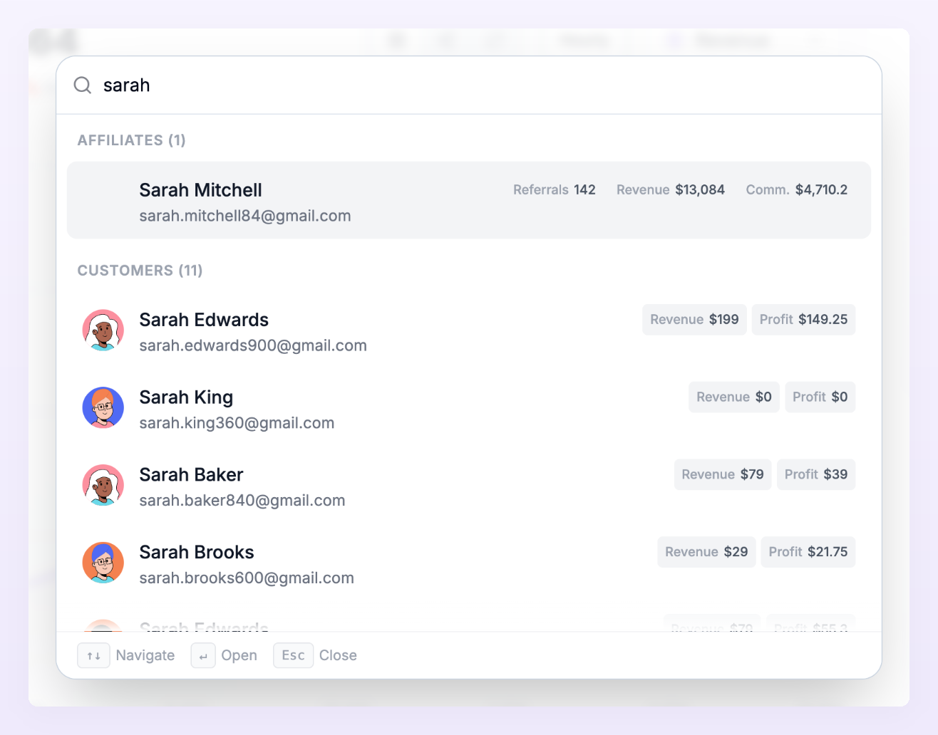 Search dialog with results for sarah grouped under Affiliates and Customers