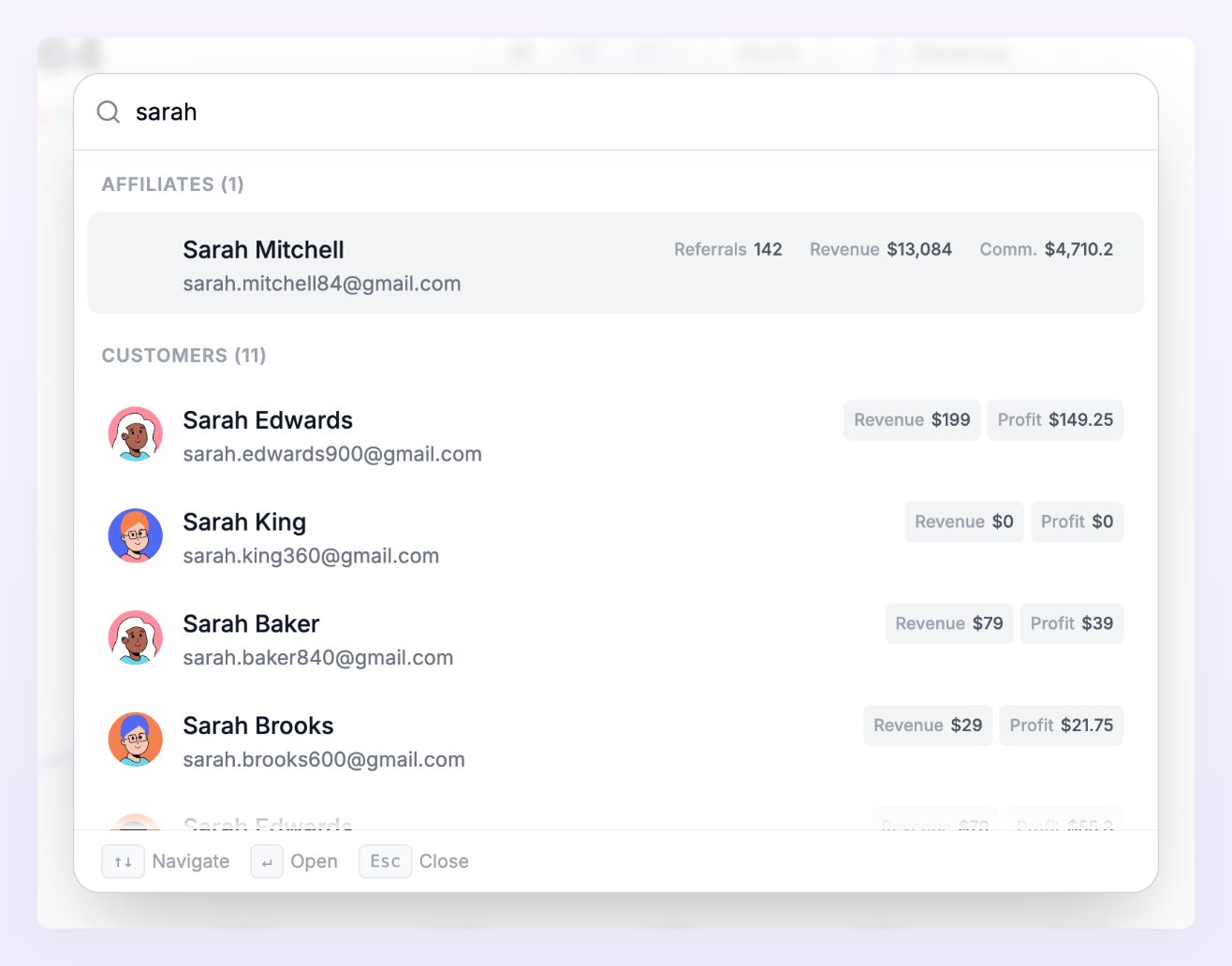 Search dialog with results for sarah grouped under Affiliates and Customers