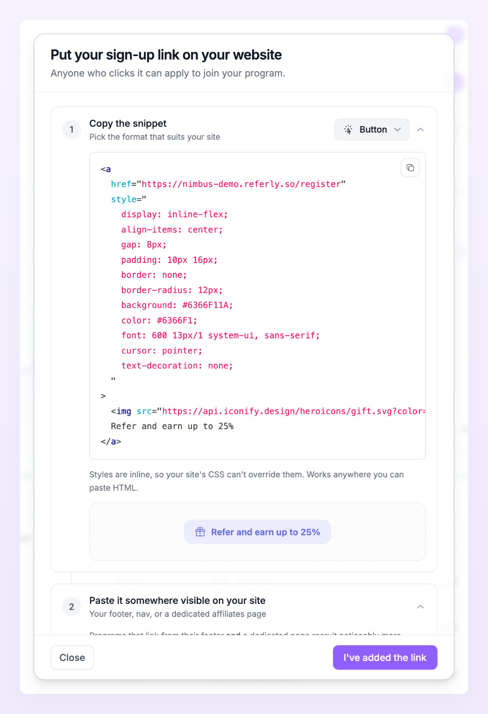 The Put your sign-up link on your website dialog with the Button snippet, its preview and the I've added the link button