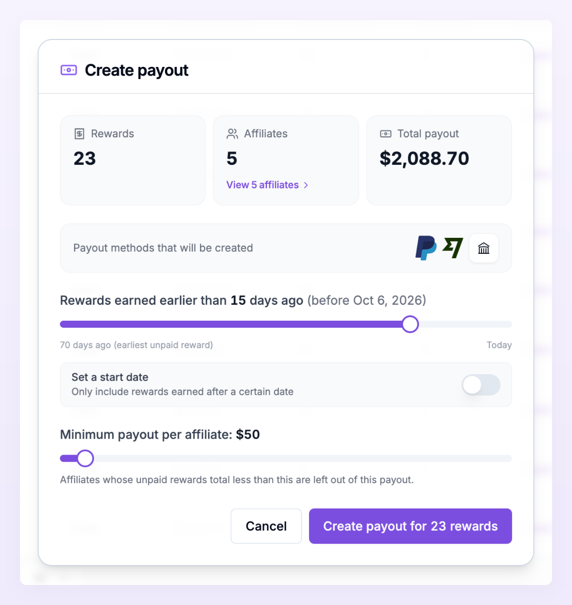 The Create payout dialog with the Rewards, Affiliates and Total payout tiles, the payout methods row, the date slider, the Set a start date switch and the minimum per affiliate slider