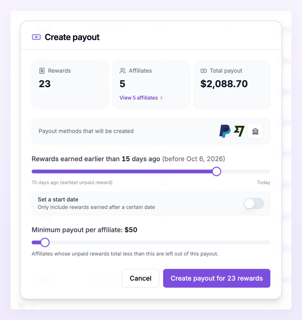 The Create payout dialog with the Rewards, Affiliates and Total payout tiles, the payout methods row, the date slider, the Set a start date switch and the minimum per affiliate slider