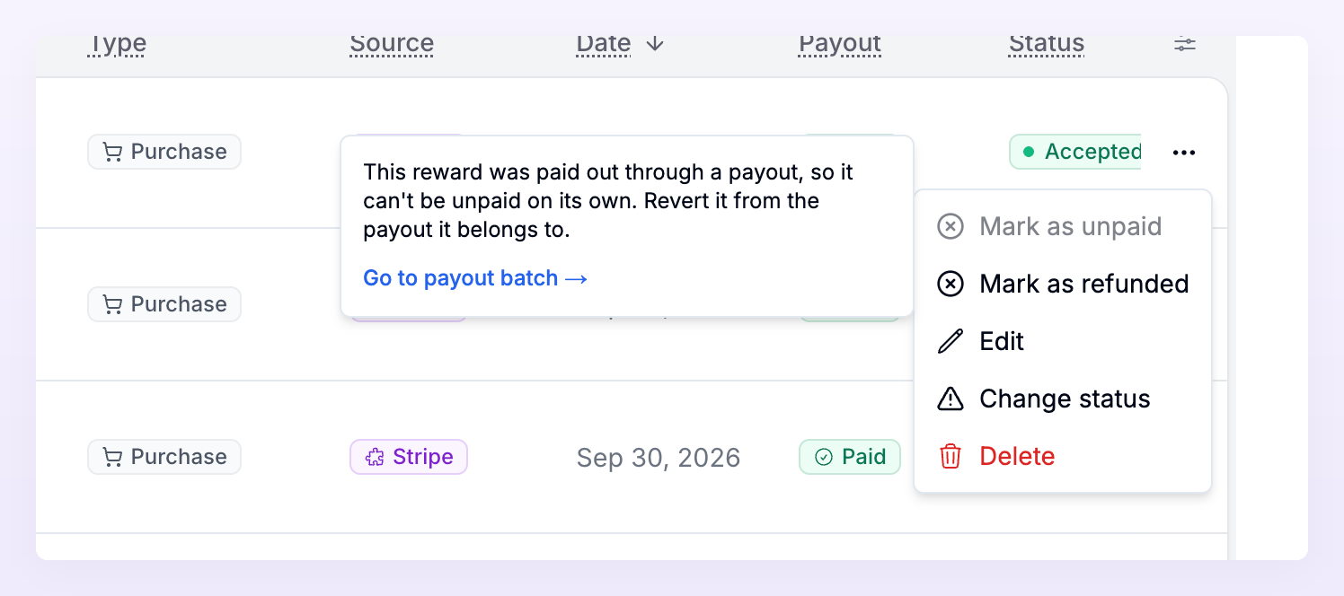 Row menu of a paid reward with Mark as unpaid greyed out and the tooltip explaining it was paid through a payout, with a Go to payout batch link