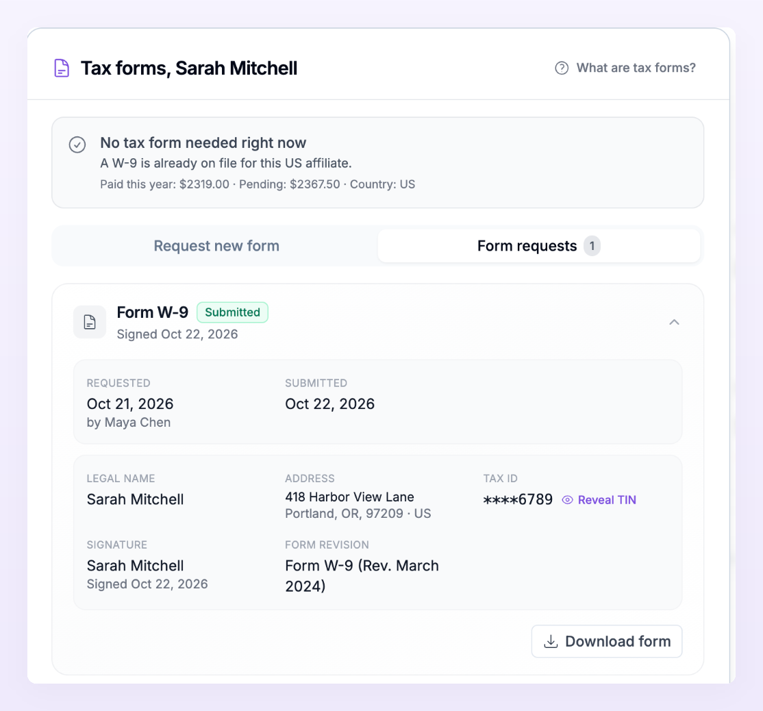 The Form requests tab with a submitted W-9 expanded, showing when it was requested and by whom, when it was submitted, the legal name, address, masked tax ID with Reveal TIN, the signature, the form revision and the Download form button