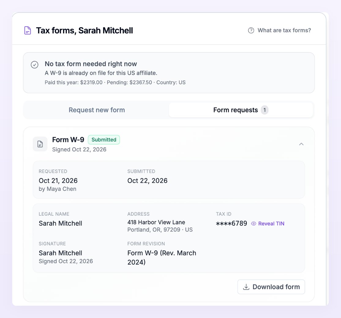 The Form requests tab with a submitted W-9 expanded, showing when it was requested and by whom, when it was submitted, the legal name, address, masked tax ID with Reveal TIN, the signature, the form revision and the Download form button