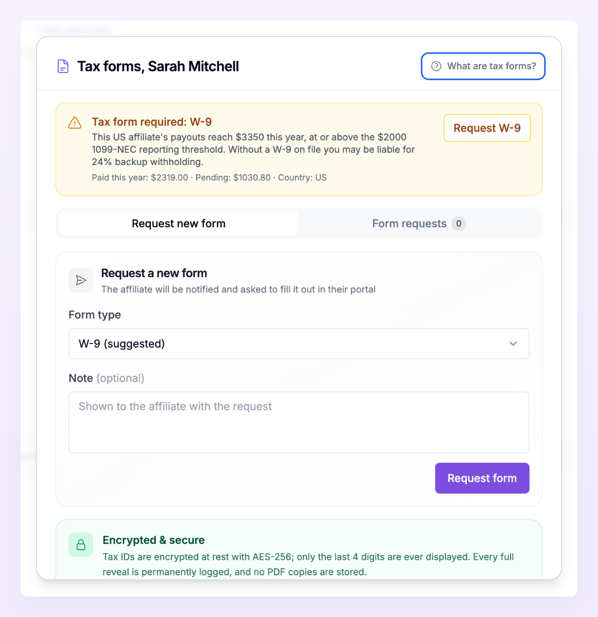 The Tax forms window for an affiliate with the Tax form required: W-9 banner, the Request W-9 button, the Request new form tab and the Form requests tab