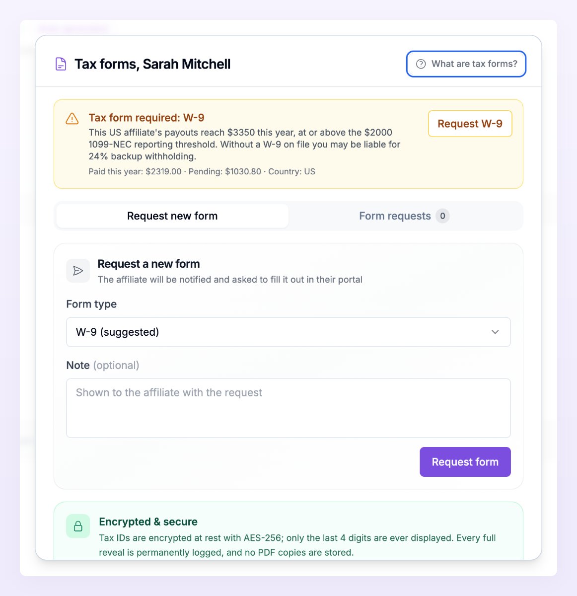The Tax forms window for an affiliate with the Tax form required: W-9 banner, the Request W-9 button, the Request new form tab and the Form requests tab