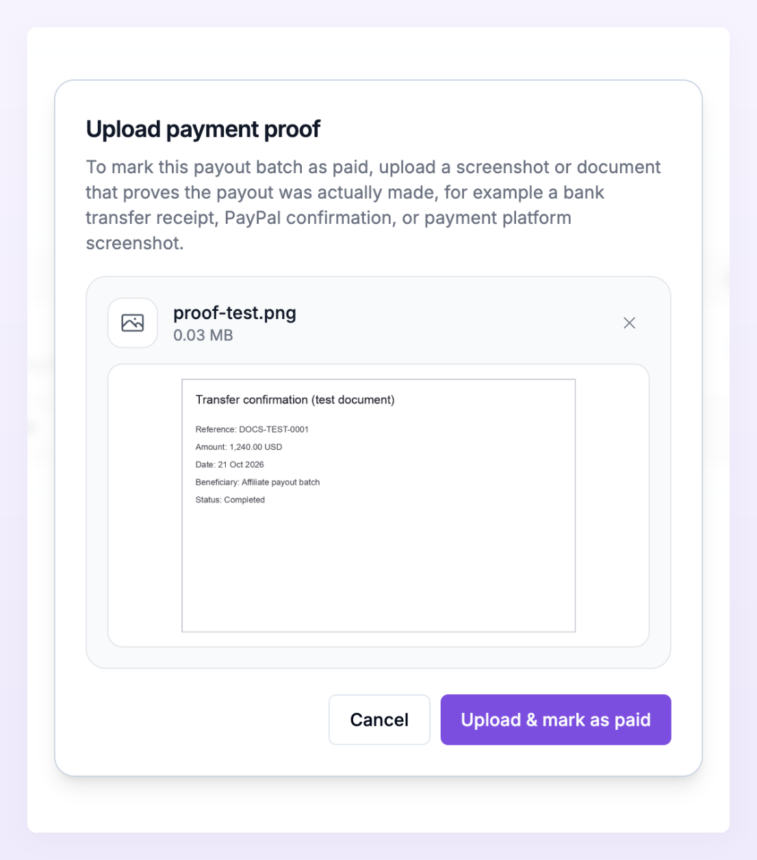 The Upload payment proof dialog with a file added, showing the file name, its size, an image preview and the Upload and mark as paid button