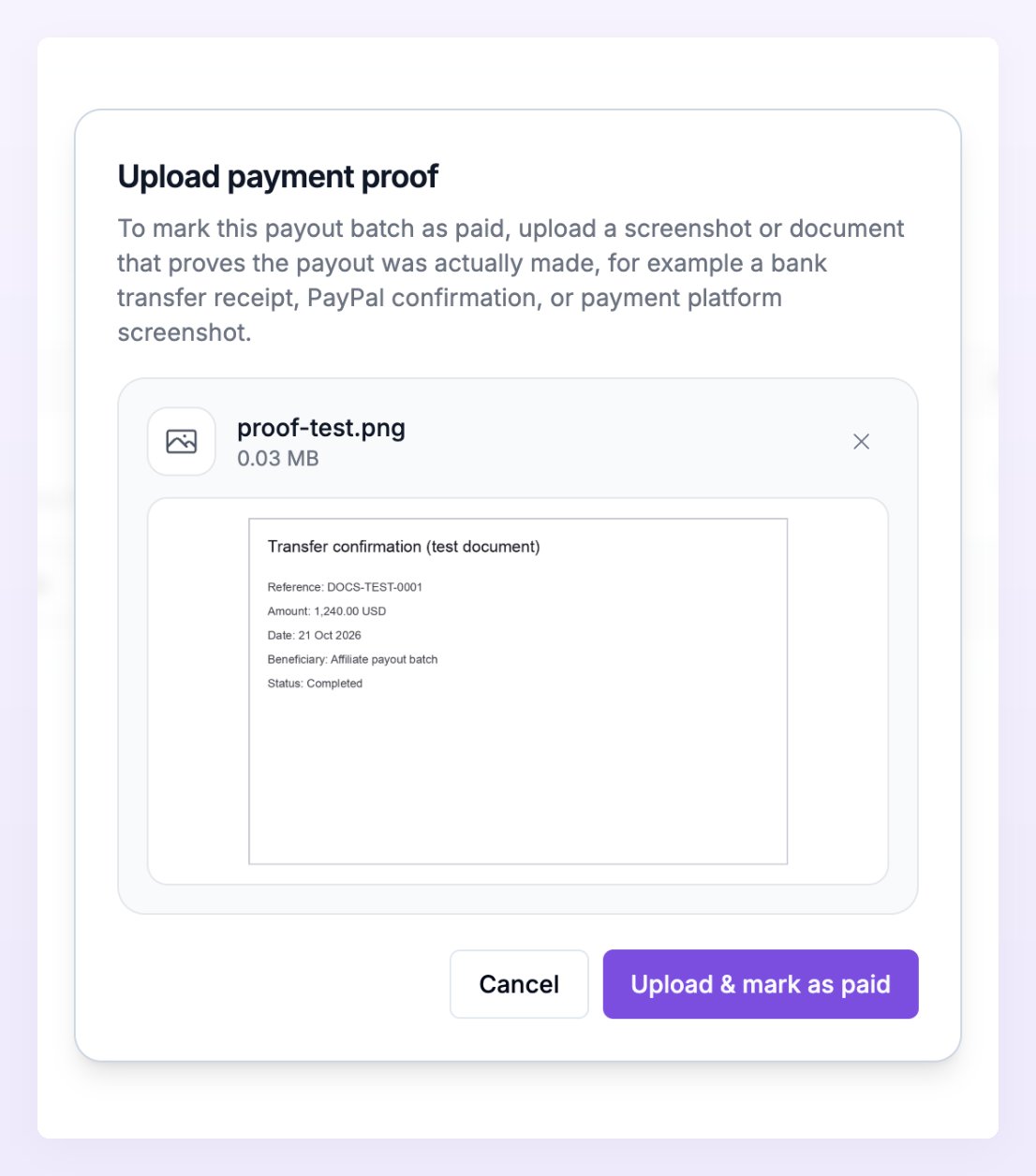 The Upload payment proof dialog with a file added, showing the file name, its size, an image preview and the Upload and mark as paid button