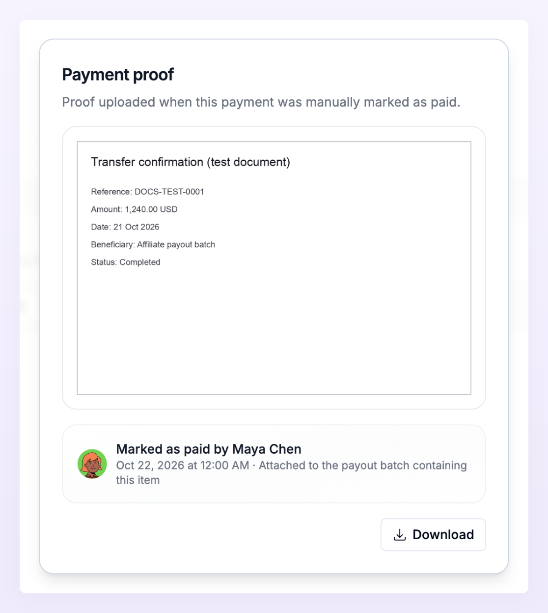 The Payment proof dialog showing the uploaded image, who marked the batch as paid and when, where the proof is attached, and a Download button