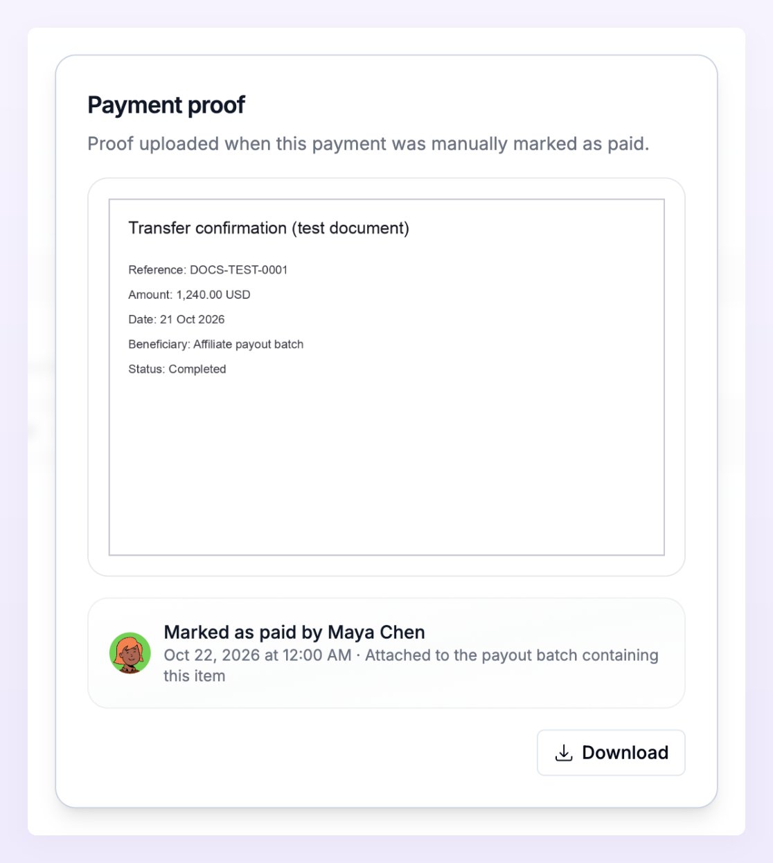 The Payment proof dialog showing the uploaded image, who marked the batch as paid and when, where the proof is attached, and a Download button