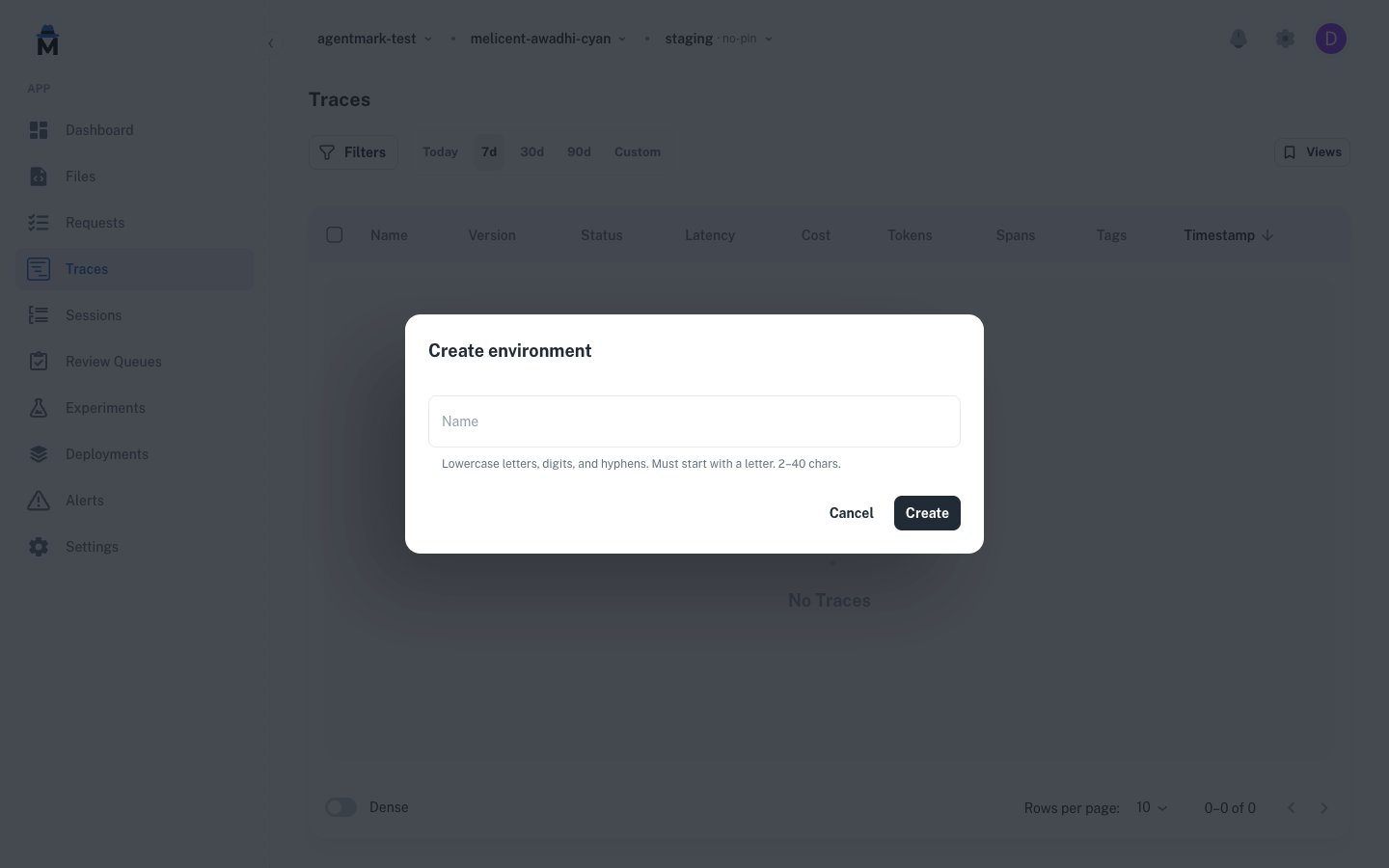 Create environment modal dialog with a single Name field and helper text reading 'Lowercase letters, digits, and hyphens. Must start with a letter. 2–40 chars.', plus Cancel and Create actions