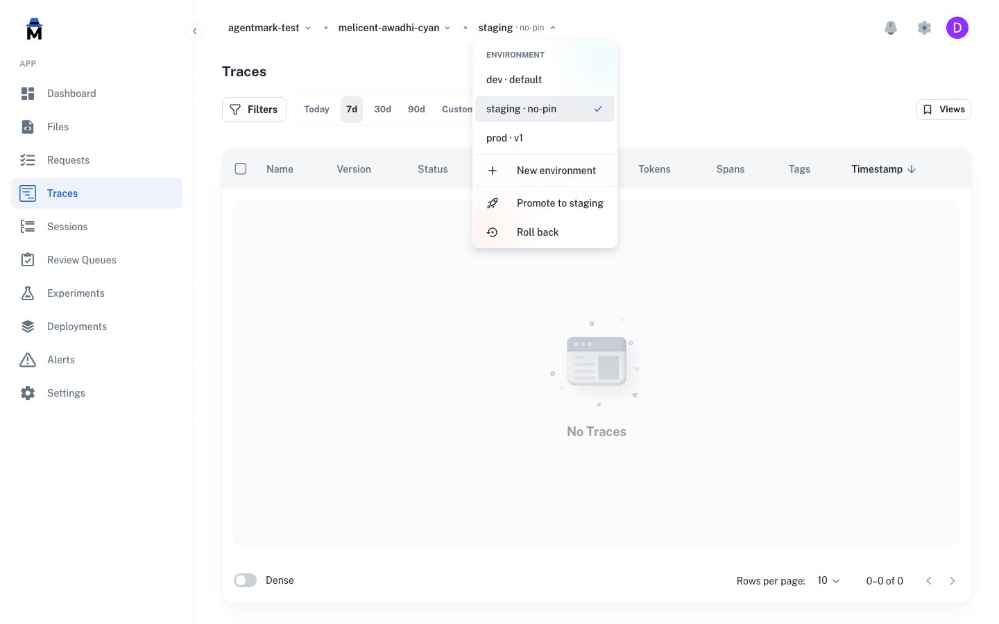 Breadcrumb environment dropdown open from a non-default env, listing dev with the default suffix and staging with the no-pin suffix, plus the New environment menu item