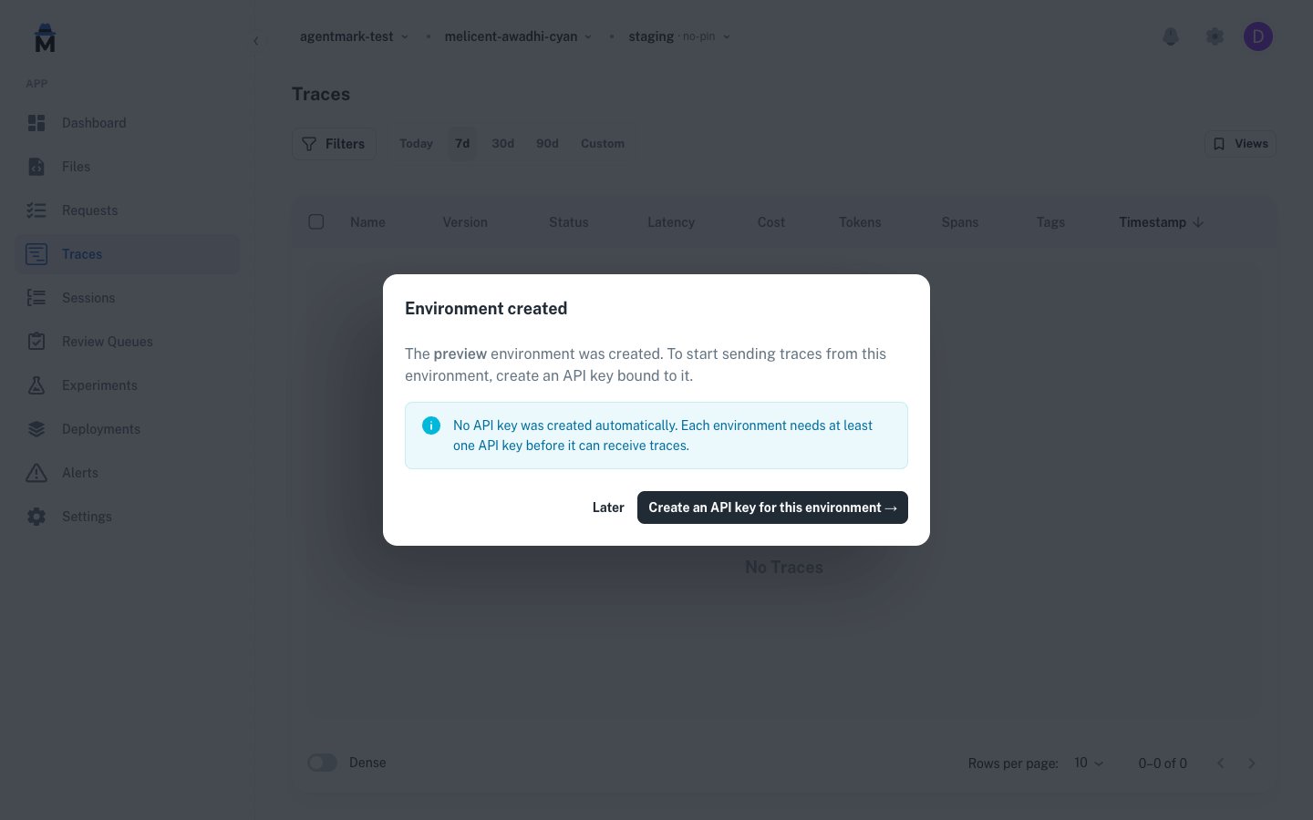 Environment created dialog appearing after a successful create, naming the new environment (preview), with an info note that AgentMark created no API key automatically and a primary Create an API key for this environment button alongside a Later button