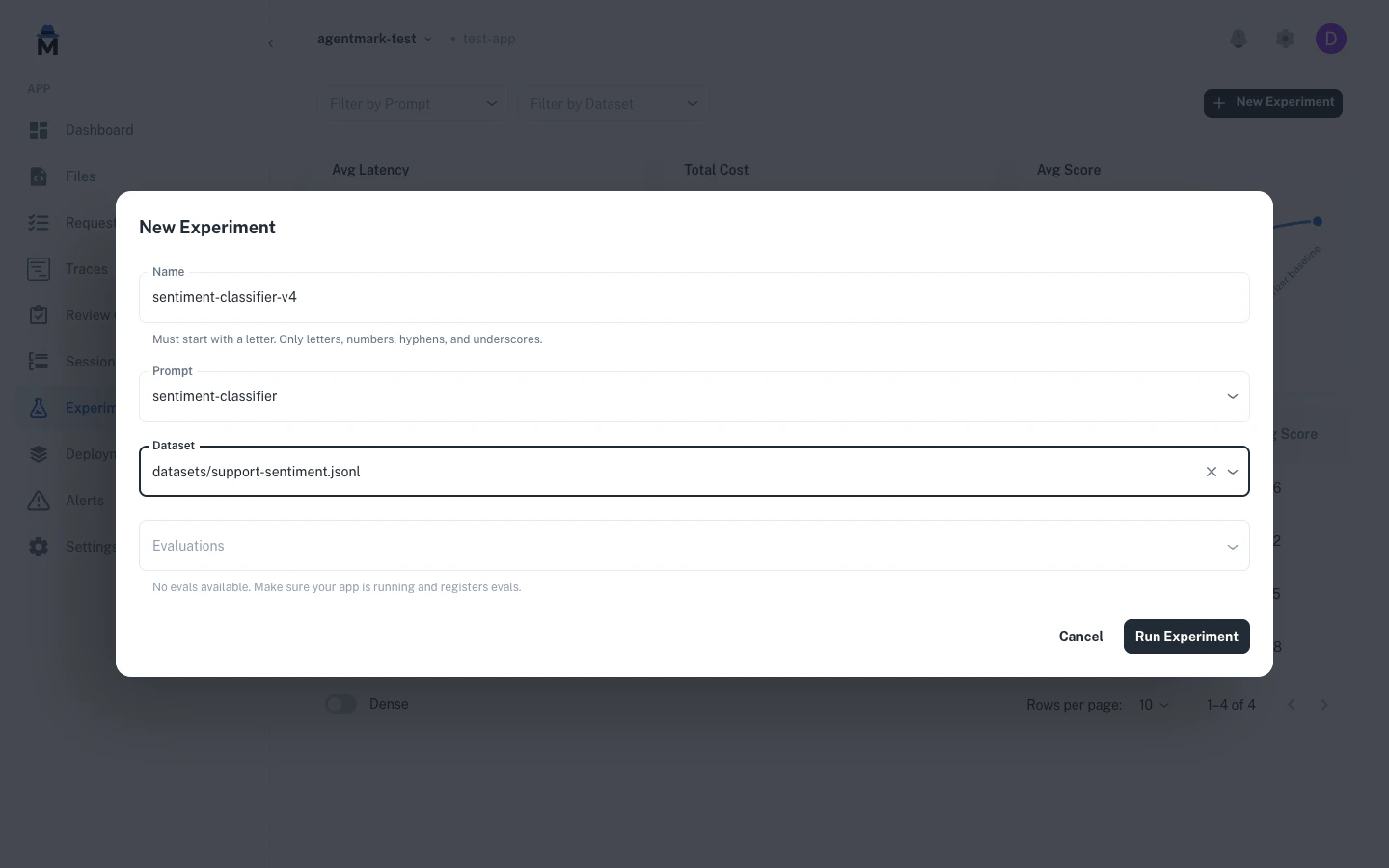 New Experiment dialog in the AgentMark Dashboard showing the evals selector