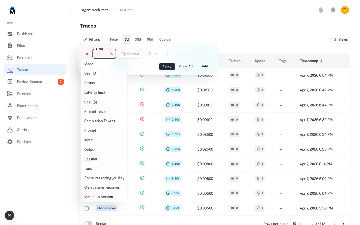 Filter field dropdown showing all available fields including dynamic Score and Metadata entries