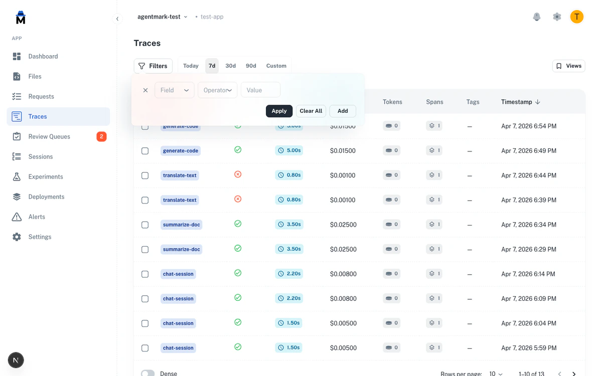 Filter popover with Field, Operator, and Value dropdowns