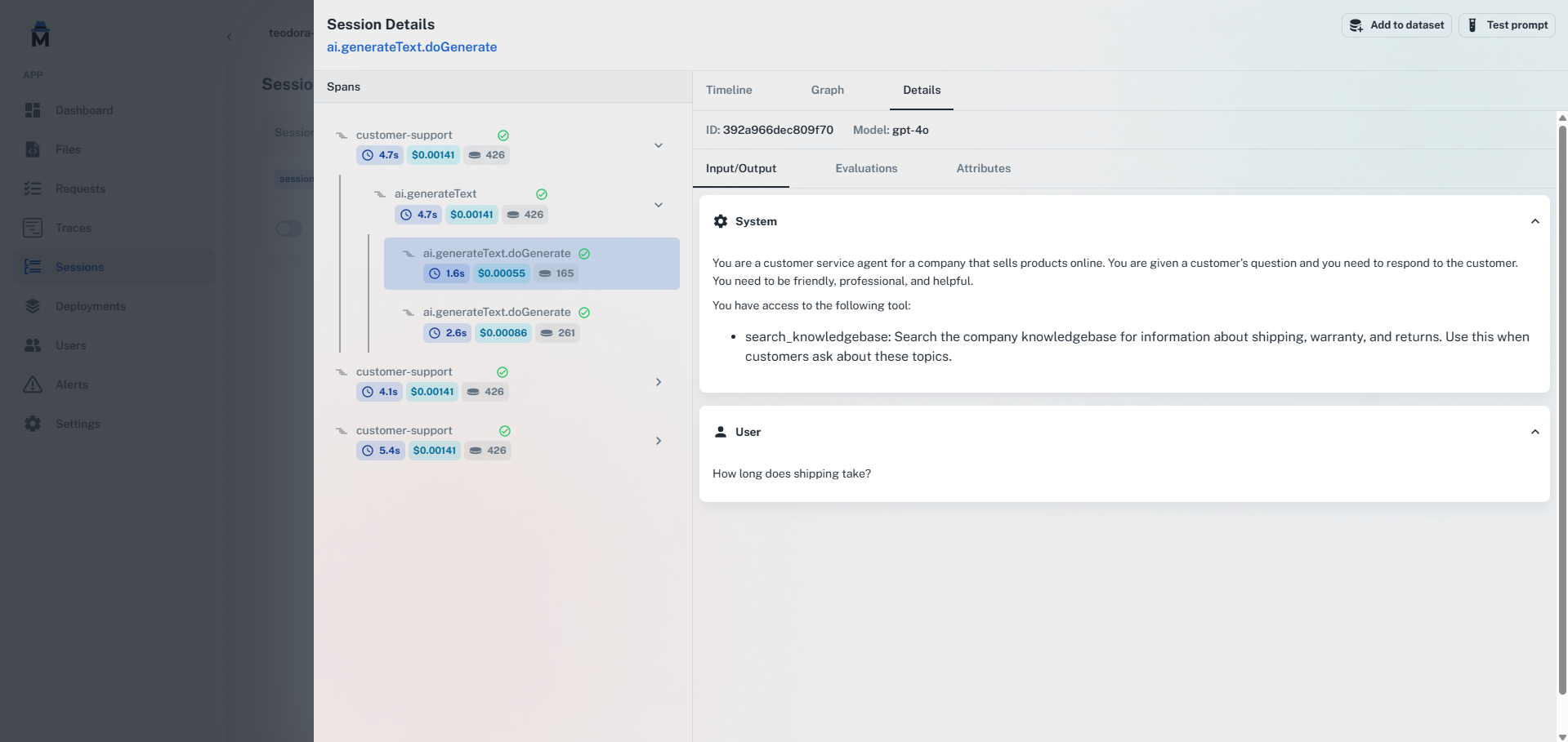 Sessions panel grouping related traces for monitoring multi-step LLM workflows