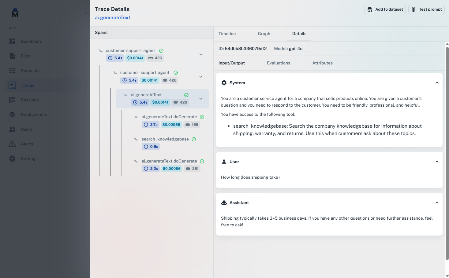 Traces panel showing prompt execution timeline with spans, token usage, and response times