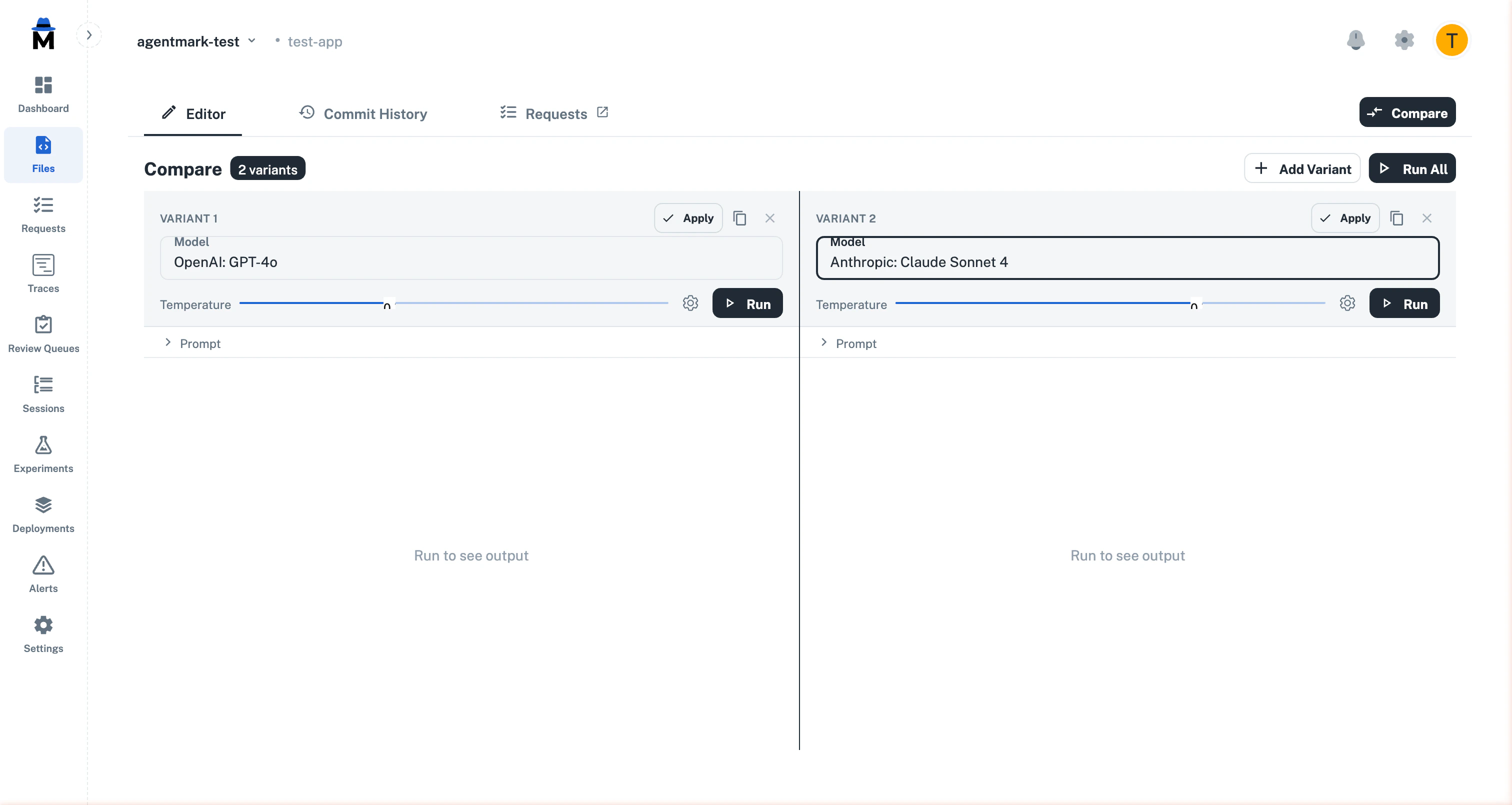 Two variants with different models selected