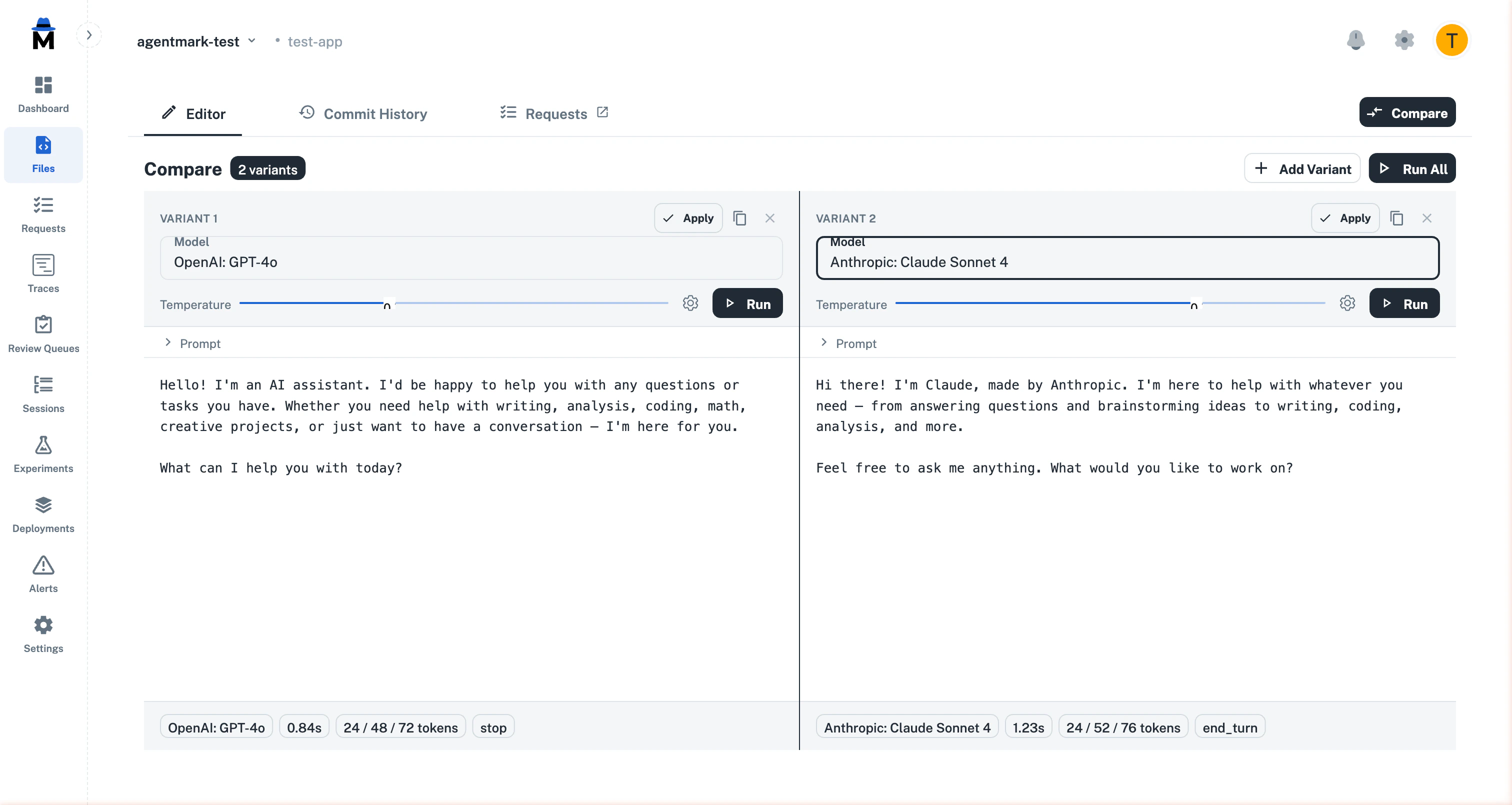 Side-by-side comparison with output and metadata