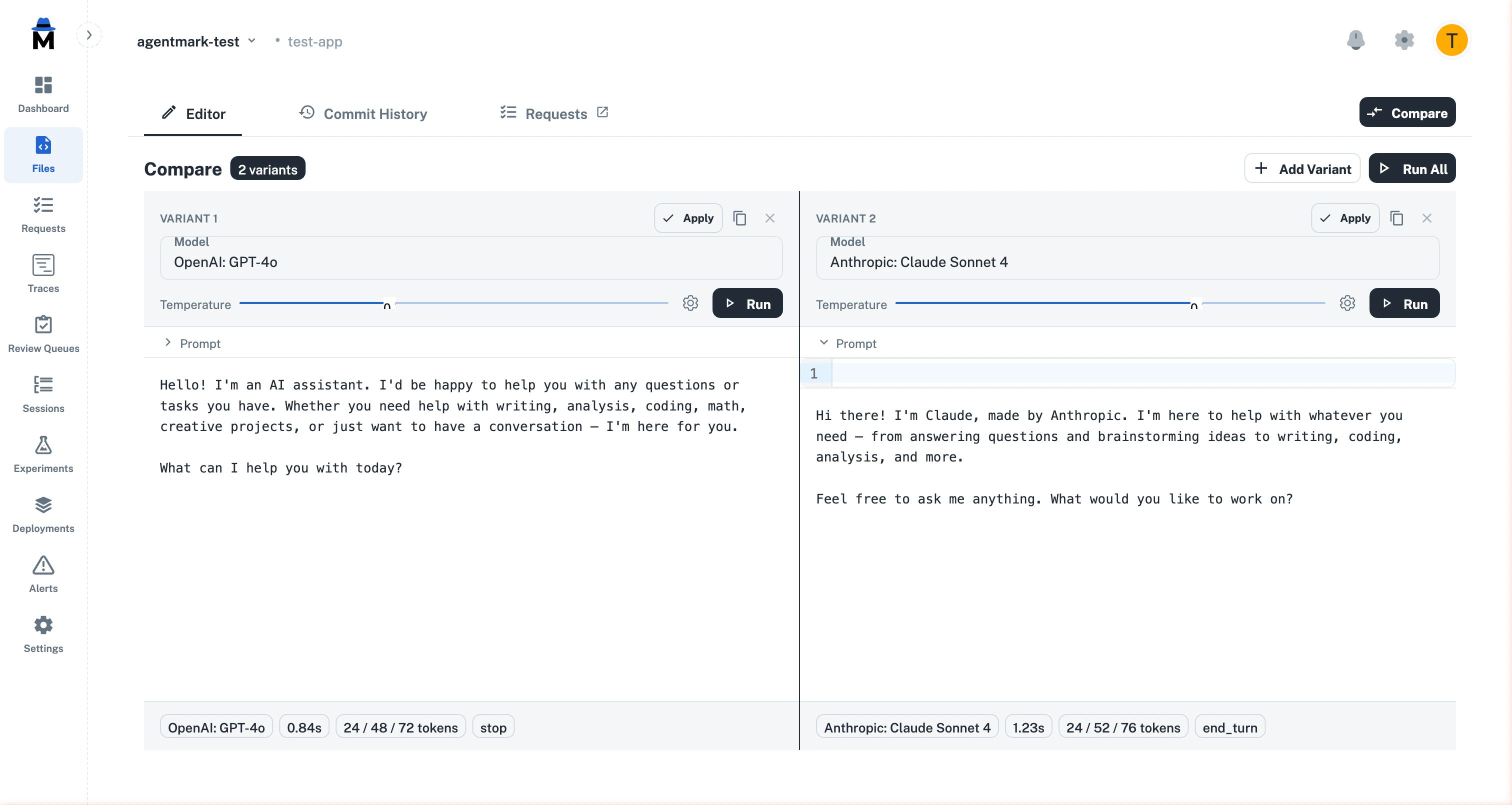 Variant with prompt override expanded showing the code editor