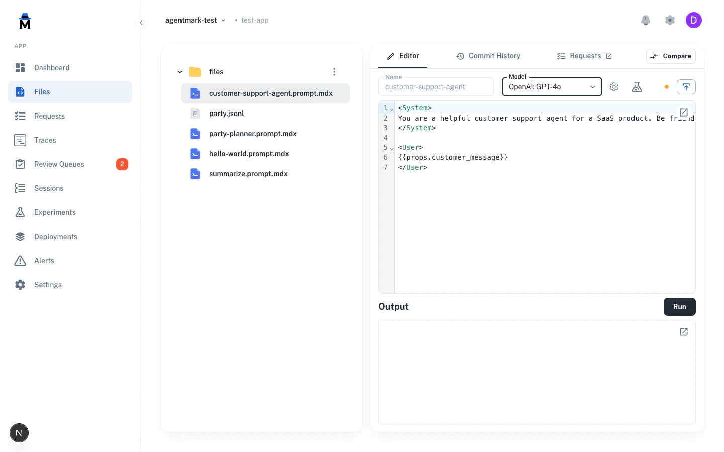 Running a prompt in the AgentMark Dashboard