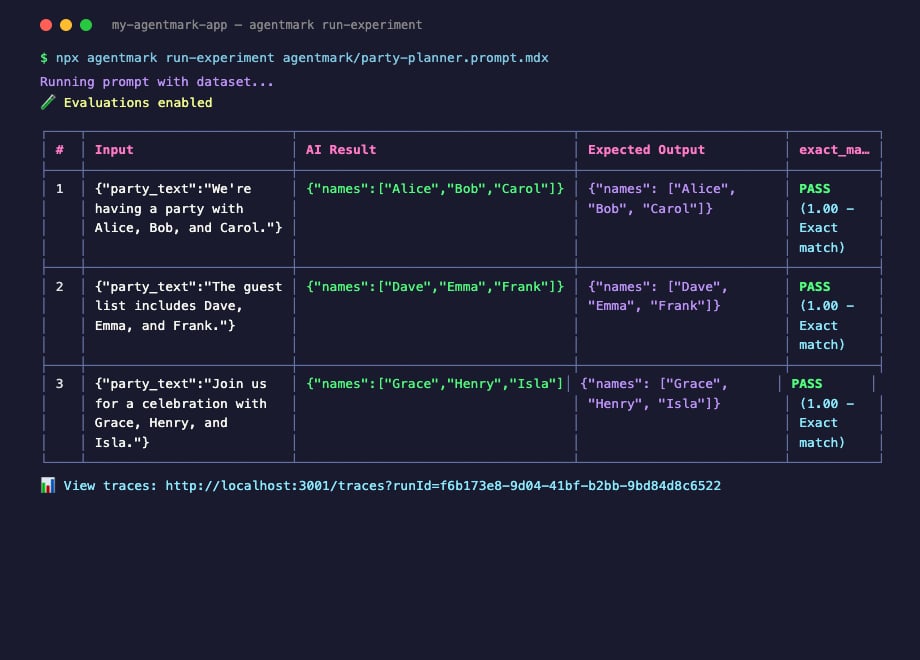 Terminal output of agentmark run-experiment showing a per-row results table with evaluator scores